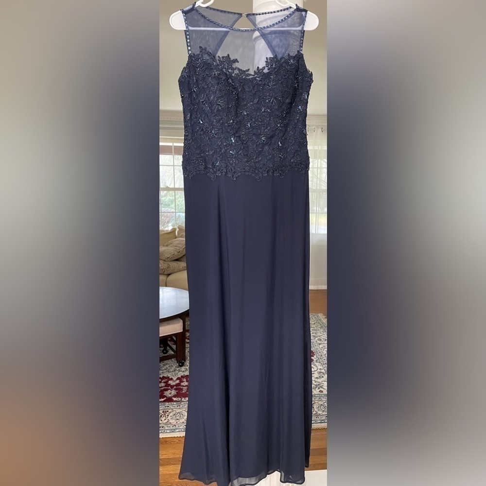 Serena London Embroidered , sequenced full length , sleeveless Navy gown women.